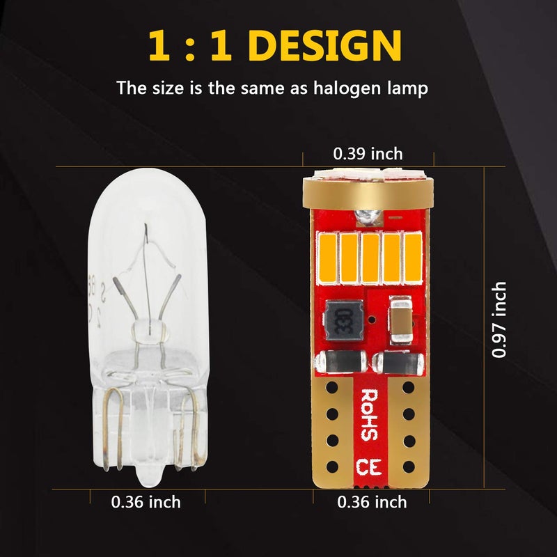 PHINLION 194 LED Bulb Amber Yellow Super Bright 168 2825 2827 T10 W5W Wedge LED Replacement Bulbs for Car License Plate Interior Dome Map Reading Courtesy Side Marker Lights, Pack of 2 - Image 4